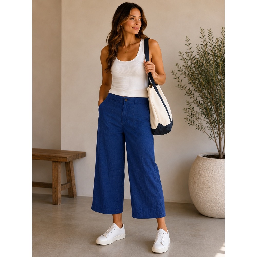 J. Jill 100% Linen Wide Leg Cropped Pants High Rise Culottes Large NEW